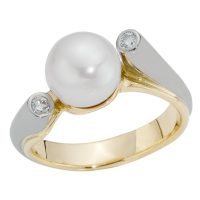 14K YELLOW AND WHITE GOLD RING WITH PEARL AND DIAMONDS 