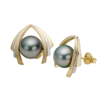 14K YELLOW AND WHITE GOLD EARRINGS WITH TAHITIAN PEARLS 