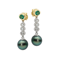 14K YELLOW AND WHITE GOLD PENDANT EARRINGS WITH TAHITIAN PEARLS EMERALDS AND DIAMONDS 